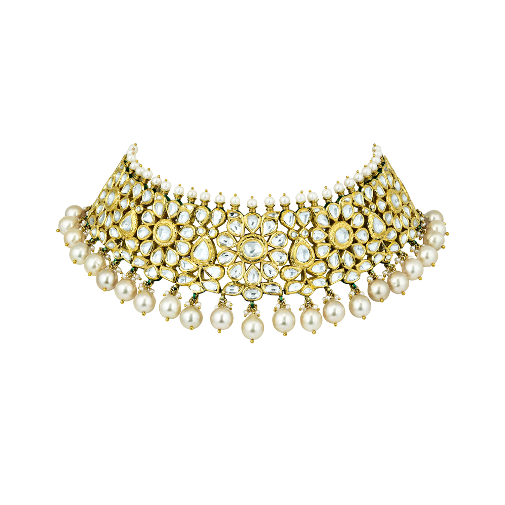 Polki Floral Choker with Gold Setting and Pearl Rows